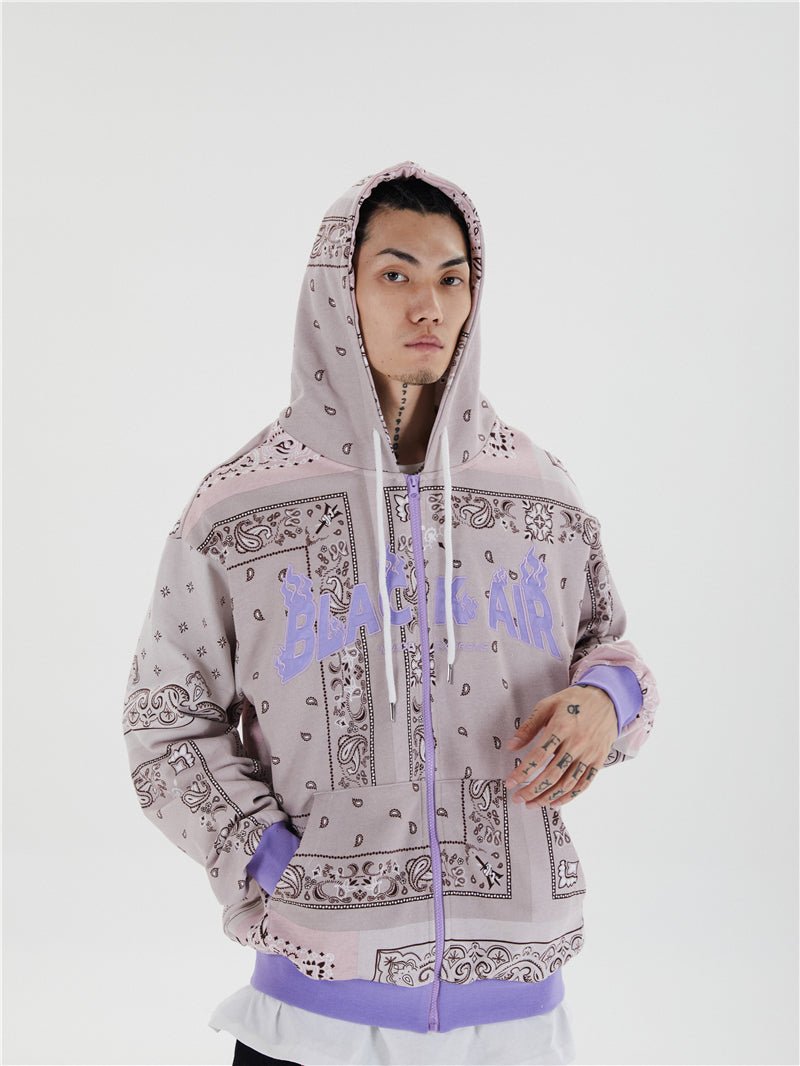 Full Zip Cashew Flowers Pink Hooded Sweatshirts Hoodies Men/women Harajuku Casual Patchwork Hoodie Hip Hop Cotton Tops