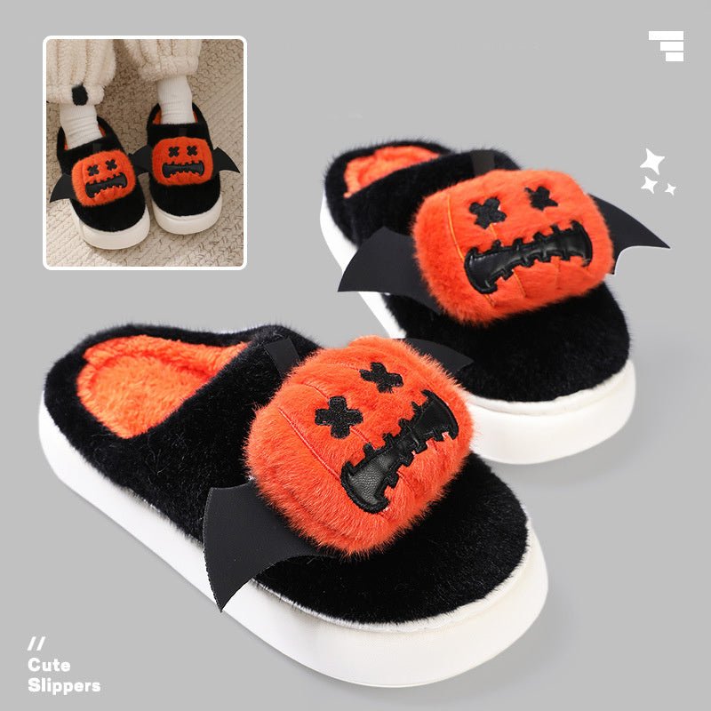 Halloween Cartoon Funny Pumpkin Slippers With Small Wings Design Indoor Non - slip Bedroom Floor Cotton Slipper Winter House Shoes Couple - drollido