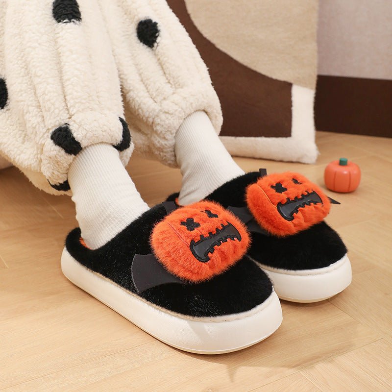 Halloween Cartoon Funny Pumpkin Slippers With Small Wings Design Indoor Non - slip Bedroom Floor Cotton Slipper Winter House Shoes Couple - drollido