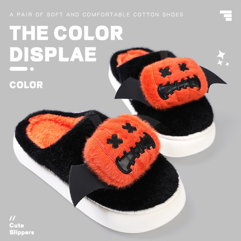 Halloween Cartoon Funny Pumpkin Slippers With Small Wings Design Indoor Non - slip Bedroom Floor Cotton Slipper Winter House Shoes Couple - drollido