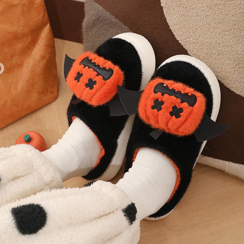 Halloween Cartoon Funny Pumpkin Slippers With Small Wings Design Indoor Non - slip Bedroom Floor Cotton Slipper Winter House Shoes Couple - drollido