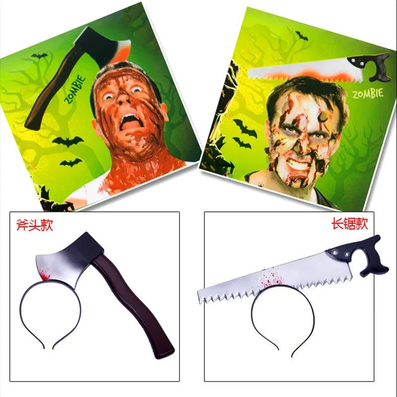 Halloween Horror Props Blood Fake Ax Saws Knife Headband for Halloween Party Masquerade Mischief Props Decoration Supplies - drollido