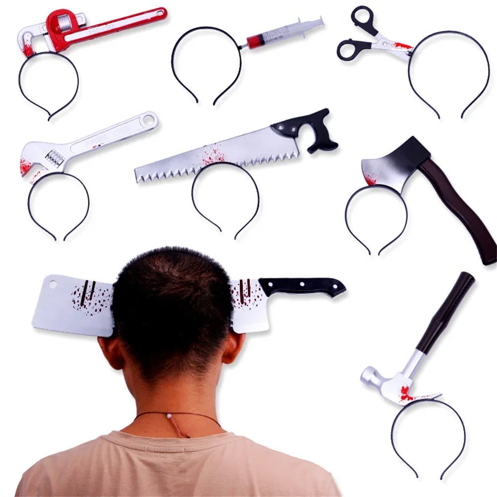 Halloween Horror Props Blood Fake Ax Saws Knife Headband for Halloween Party Masquerade Mischief Props Decoration Supplies - drollido