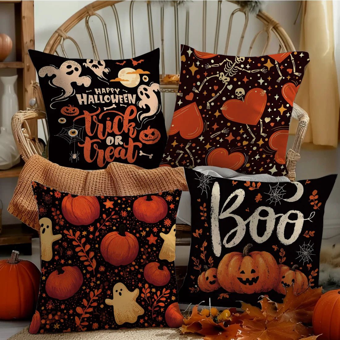 Halloween Throw Pillow Covers Black Orange Designs Pumpkin Ghost “Trick or Treat” “Boo” for Sofa Cushion Cover Party Decoration - drollido