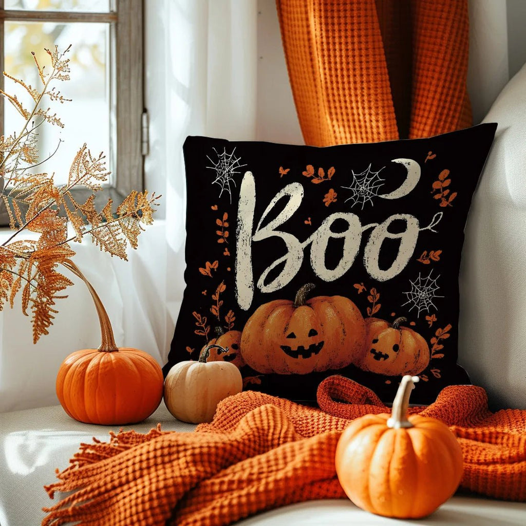 Halloween Throw Pillow Covers Black Orange Designs Pumpkin Ghost “Trick or Treat” “Boo” for Sofa Cushion Cover Party Decoration - drollido