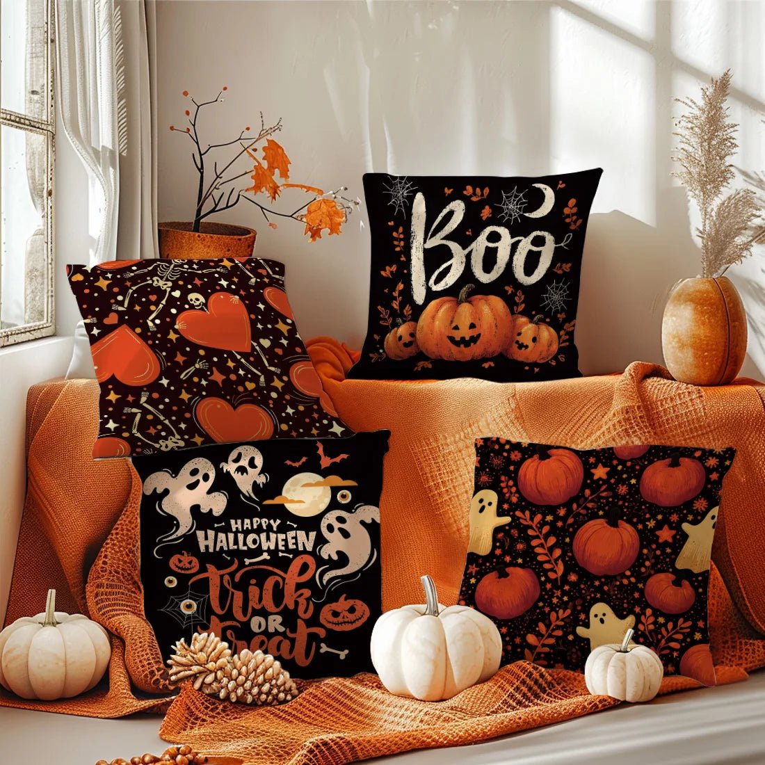 Halloween Throw Pillow Covers Black Orange Designs Pumpkin Ghost “Trick or Treat” “Boo” for Sofa Cushion Cover Party Decoration - drollido