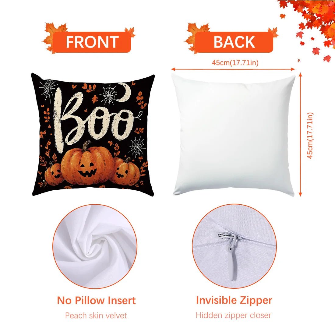 Halloween Throw Pillow Covers Black Orange Designs Pumpkin Ghost “Trick or Treat” “Boo” for Sofa Cushion Cover Party Decoration - drollido