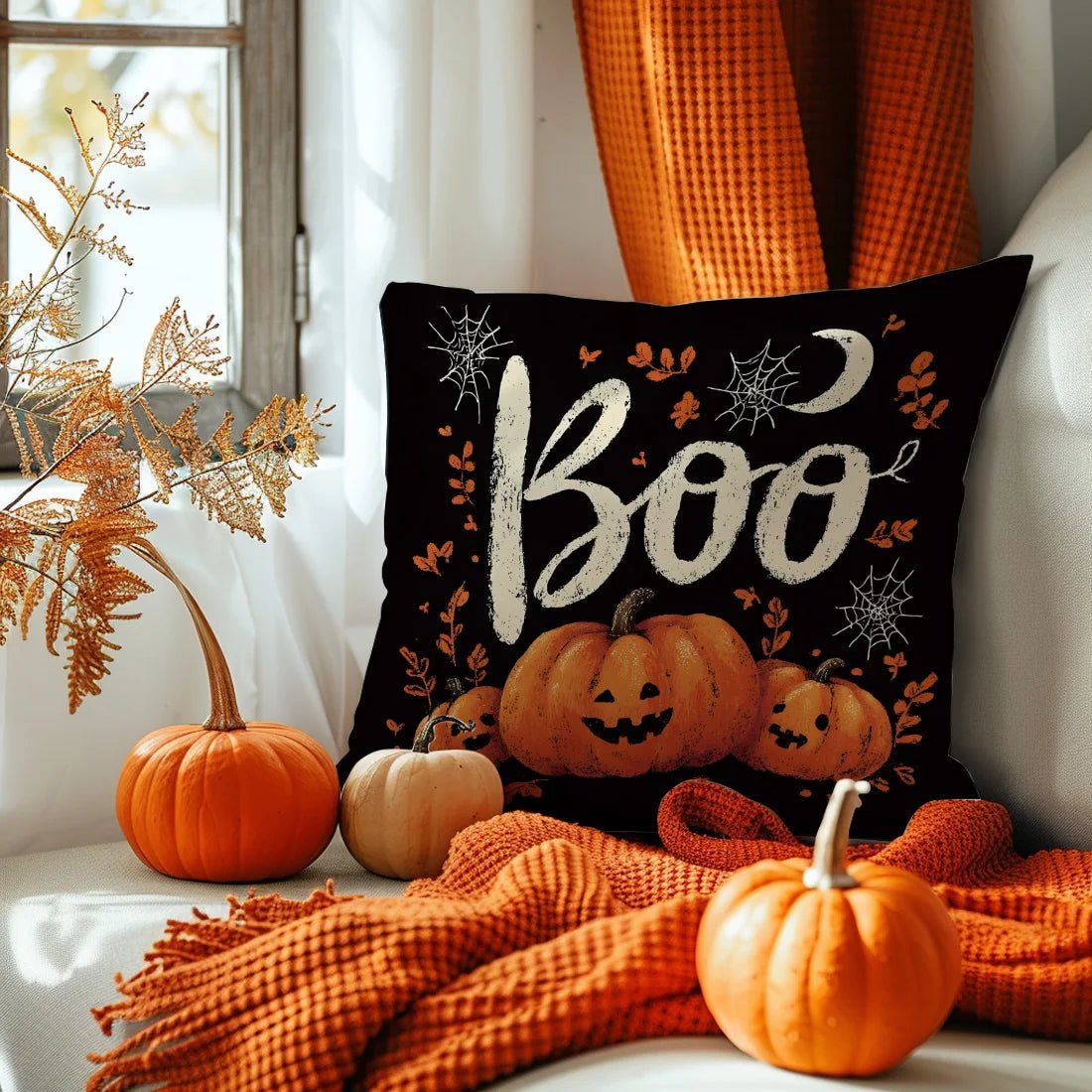 Halloween Throw Pillow Covers Black Orange Designs Pumpkin Ghost “Trick or Treat” “Boo” for Sofa Cushion Cover Party Decoration - drollido