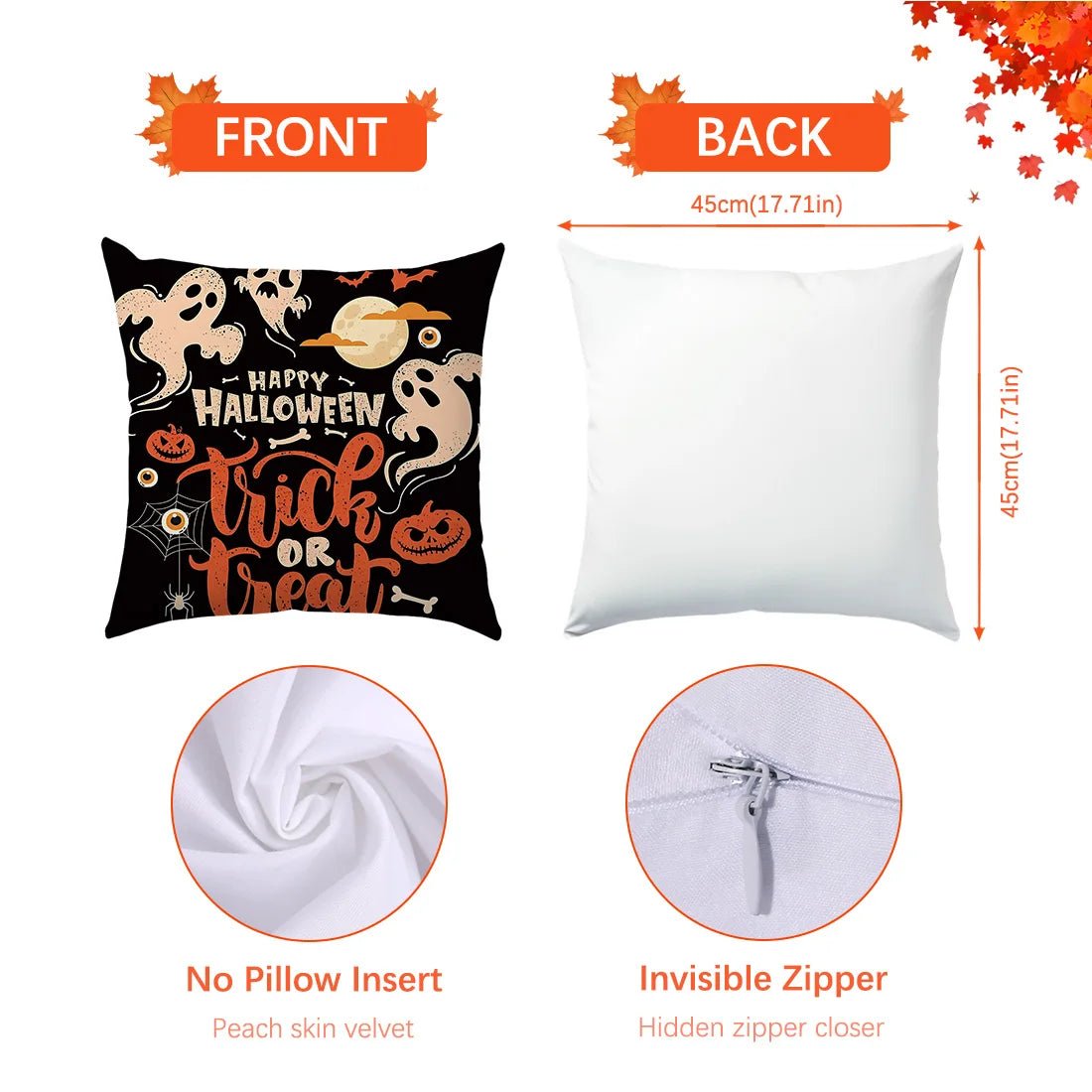 Halloween Throw Pillow Covers Black Orange Designs Pumpkin Ghost “Trick or Treat” “Boo” for Sofa Cushion Cover Party Decoration - drollido