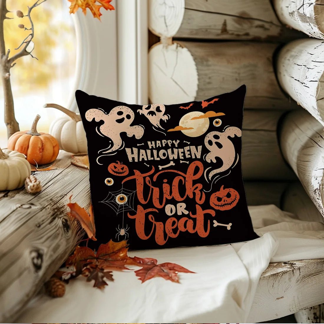 Halloween Throw Pillow Covers Black Orange Designs Pumpkin Ghost “Trick or Treat” “Boo” for Sofa Cushion Cover Party Decoration - drollido