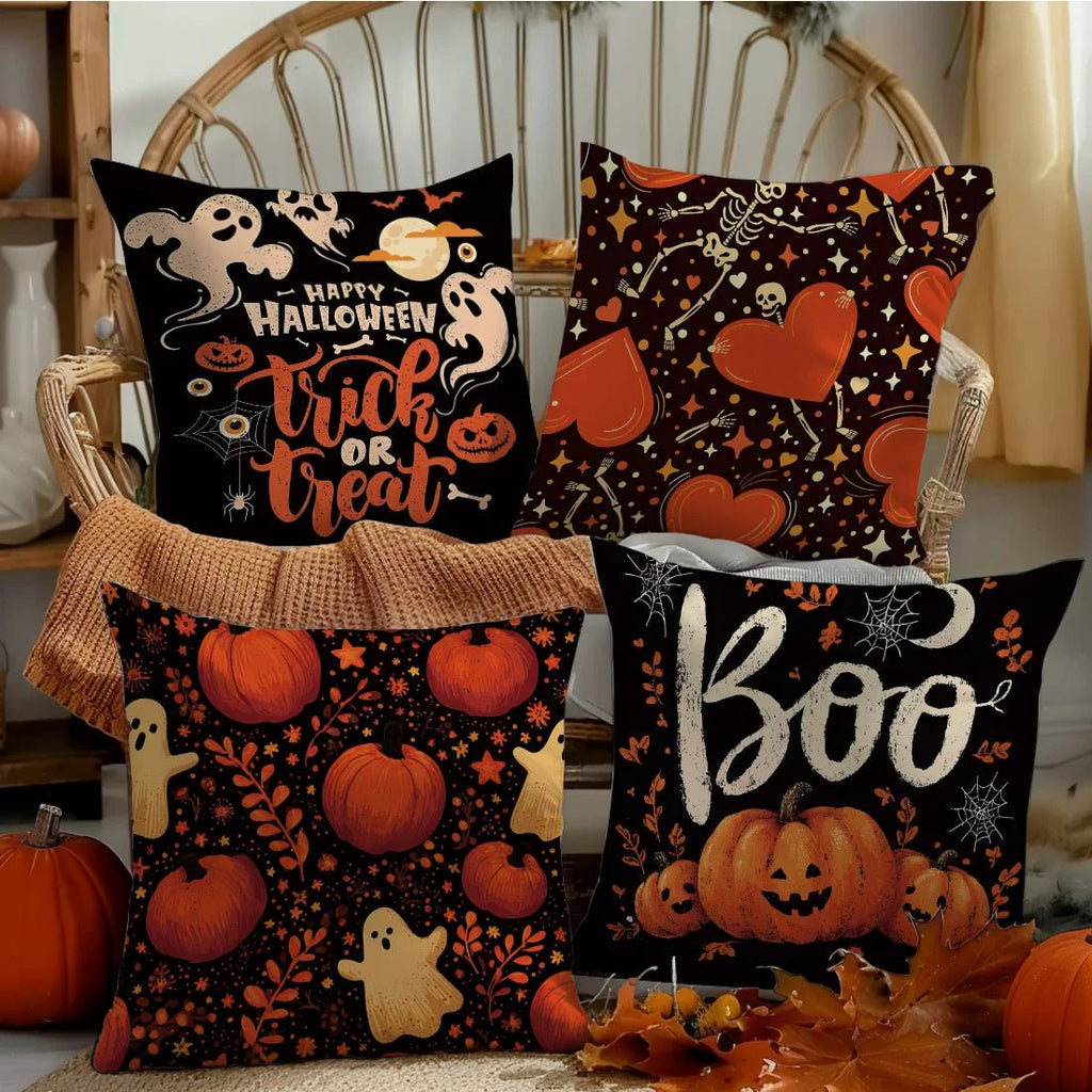 Halloween Throw Pillow Covers Black Orange Designs Pumpkin Ghost “Trick or Treat” “Boo” for Sofa Cushion Cover Party Decoration - drollido