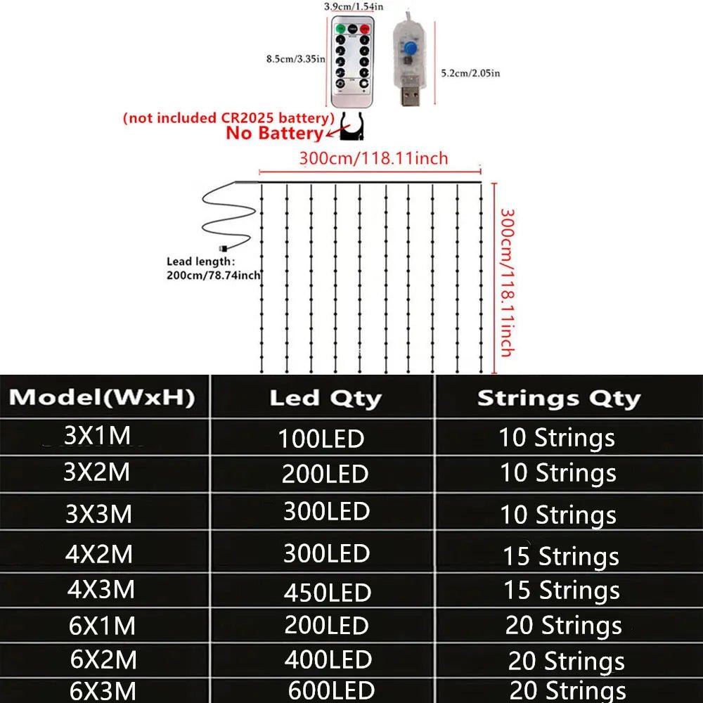 LED Curtain String Lights with Remote Control USB Plug - in Holiday Wedding Bedroom Christmas Party Lights Room Decor - drollido