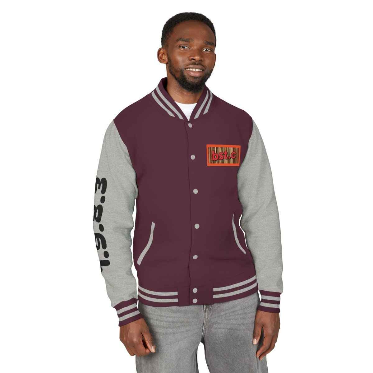 Letterman Jacket — Retro 'bst.c' Bar Code Patch Varsity Jacket