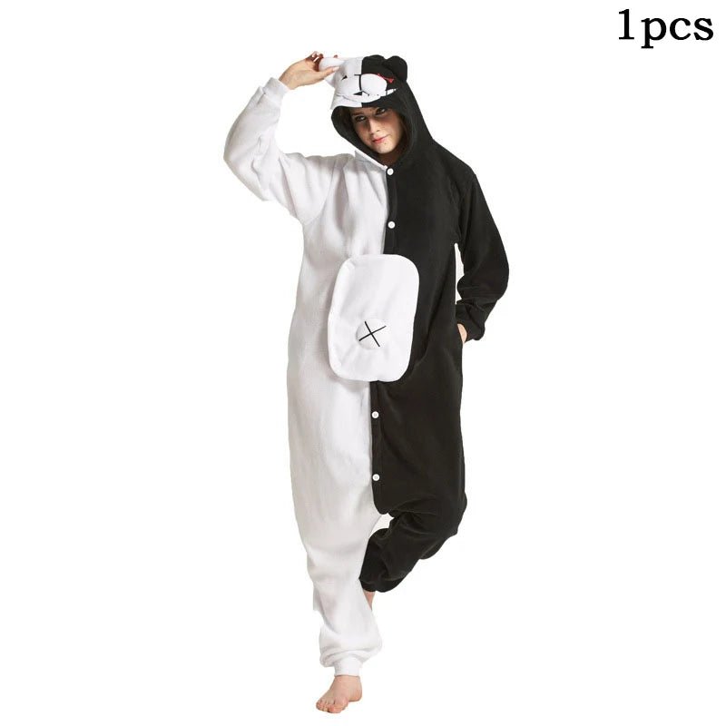 Monokuma Unicorn Kigurumi Pajama Adult Onesie Anime Bear Jumpsuit Black White Animal Pajamas Women Halloween Party Suit Overall - drollido