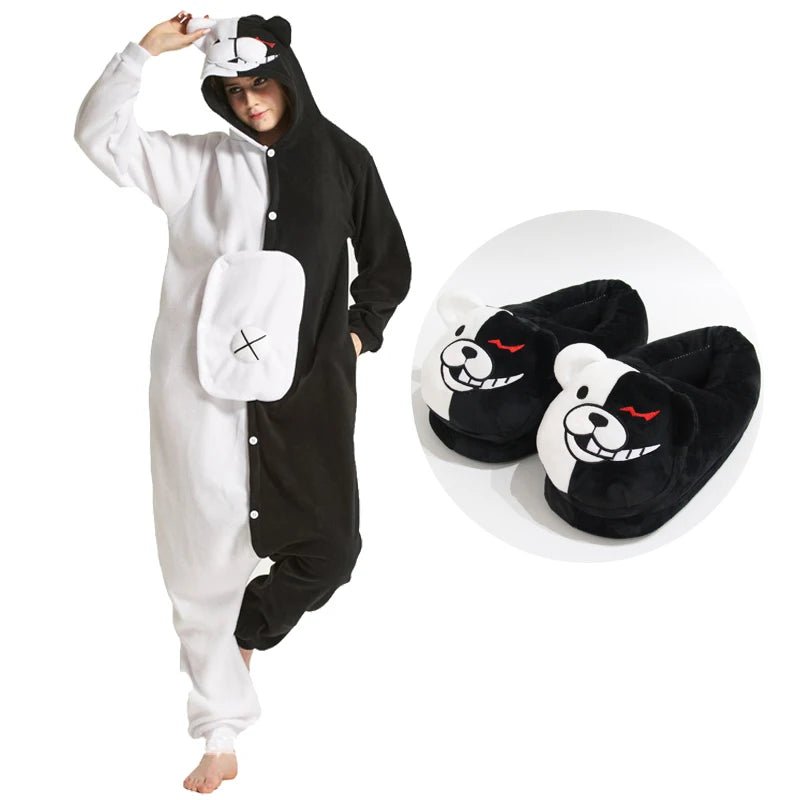 Monokuma Unicorn Kigurumi Pajama Adult Onesie Anime Bear Jumpsuit Black White Animal Pajamas Women Halloween Party Suit Overall - drollido