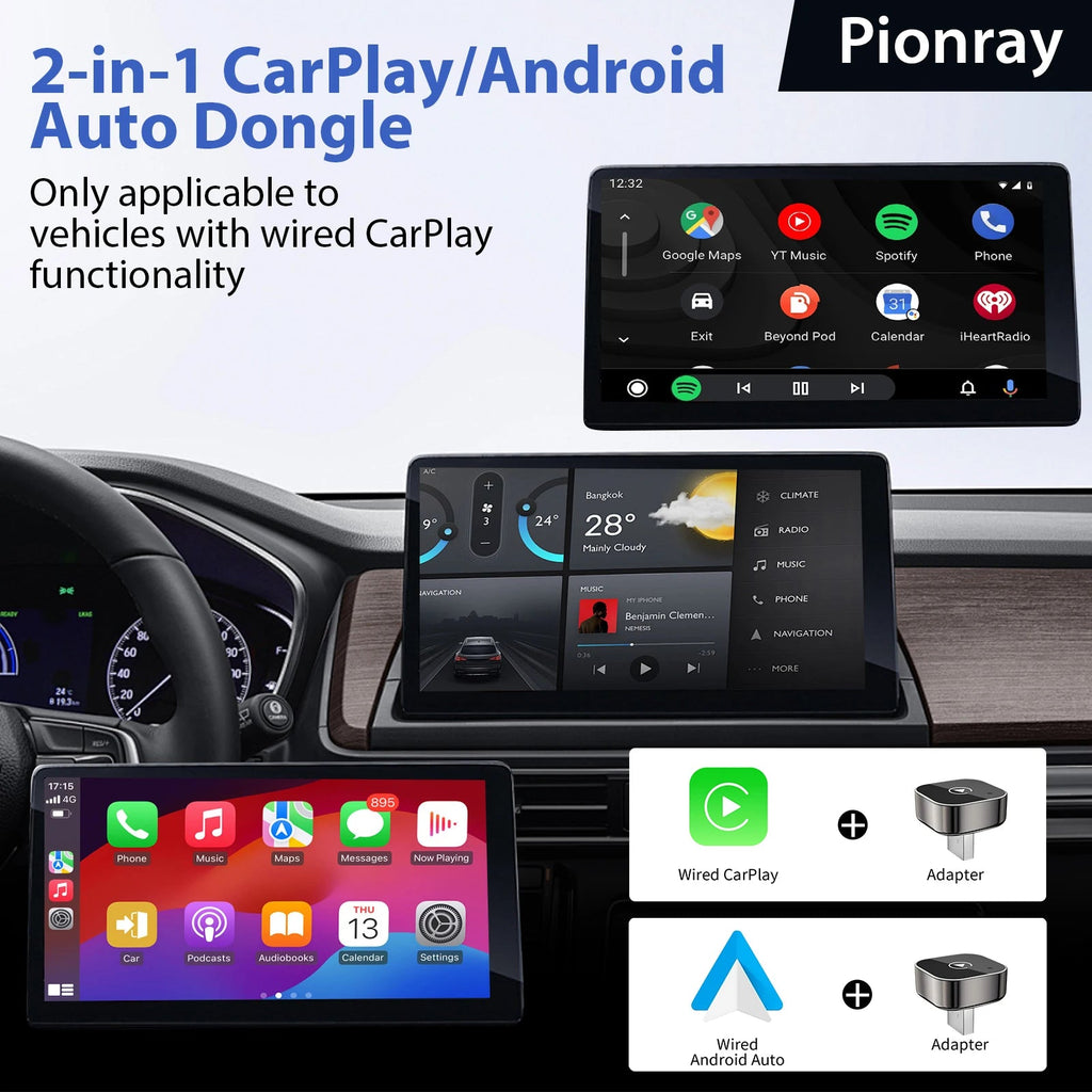 Nuovo adattatore wireless CarPlay Pionray 2 in 1 e adattatore wireless Android Auto, WiFi 5Ghz Type - C/USB Plug Play CarPlay Wireless - drollido