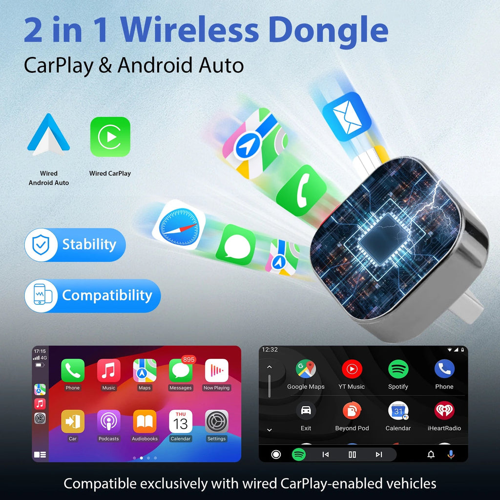 Nuovo adattatore wireless CarPlay Pionray 2 in 1 e adattatore wireless Android Auto, WiFi 5Ghz Type - C/USB Plug Play CarPlay Wireless - drollido