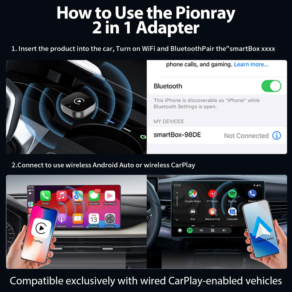 Nuovo adattatore wireless CarPlay Pionray 2 in 1 e adattatore wireless Android Auto, WiFi 5Ghz Type - C/USB Plug Play CarPlay Wireless - drollido