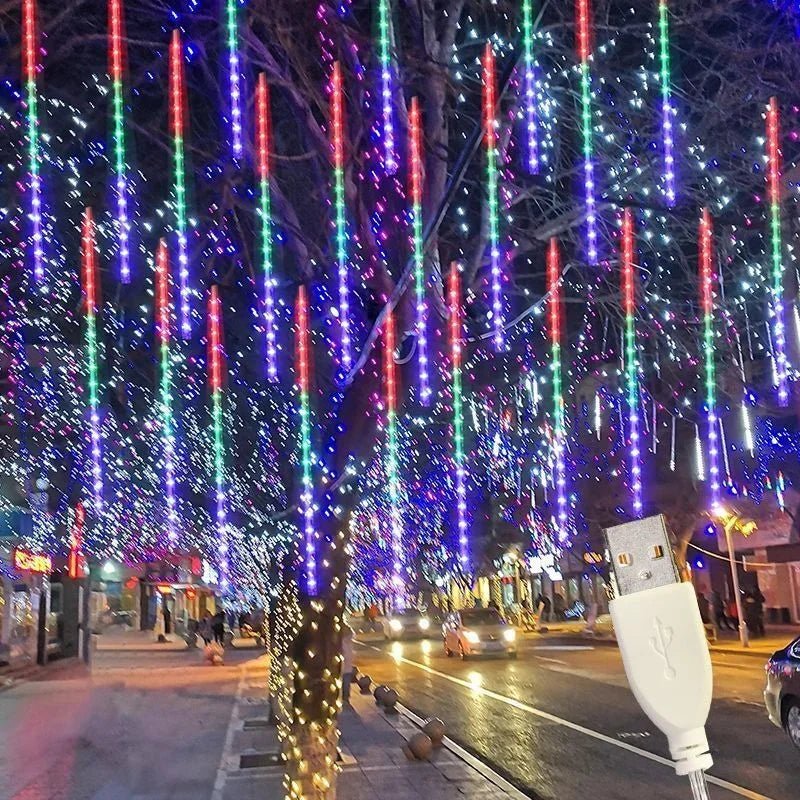 Party Decorations Street Light USB Meteor Shower Rain LED Fairy String Lights Festoon Wedding Christmas 2026 Ramadan Decorations - drollido