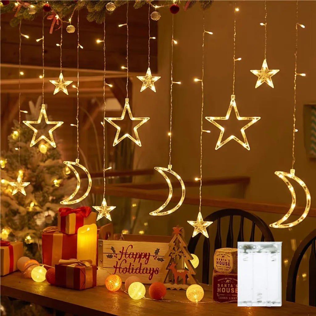Star Moon String Light Battery Power Christmas Garland Fairy Lamp 3.5m LED Curtain Light for Garden Wedding Party Festival Decor - drollido