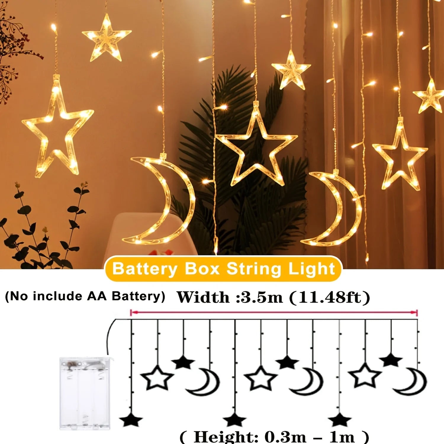 Star Moon String Light Battery Power Christmas Garland Fairy Lamp 3.5m LED Curtain Light for Garden Wedding Party Festival Decor - drollido