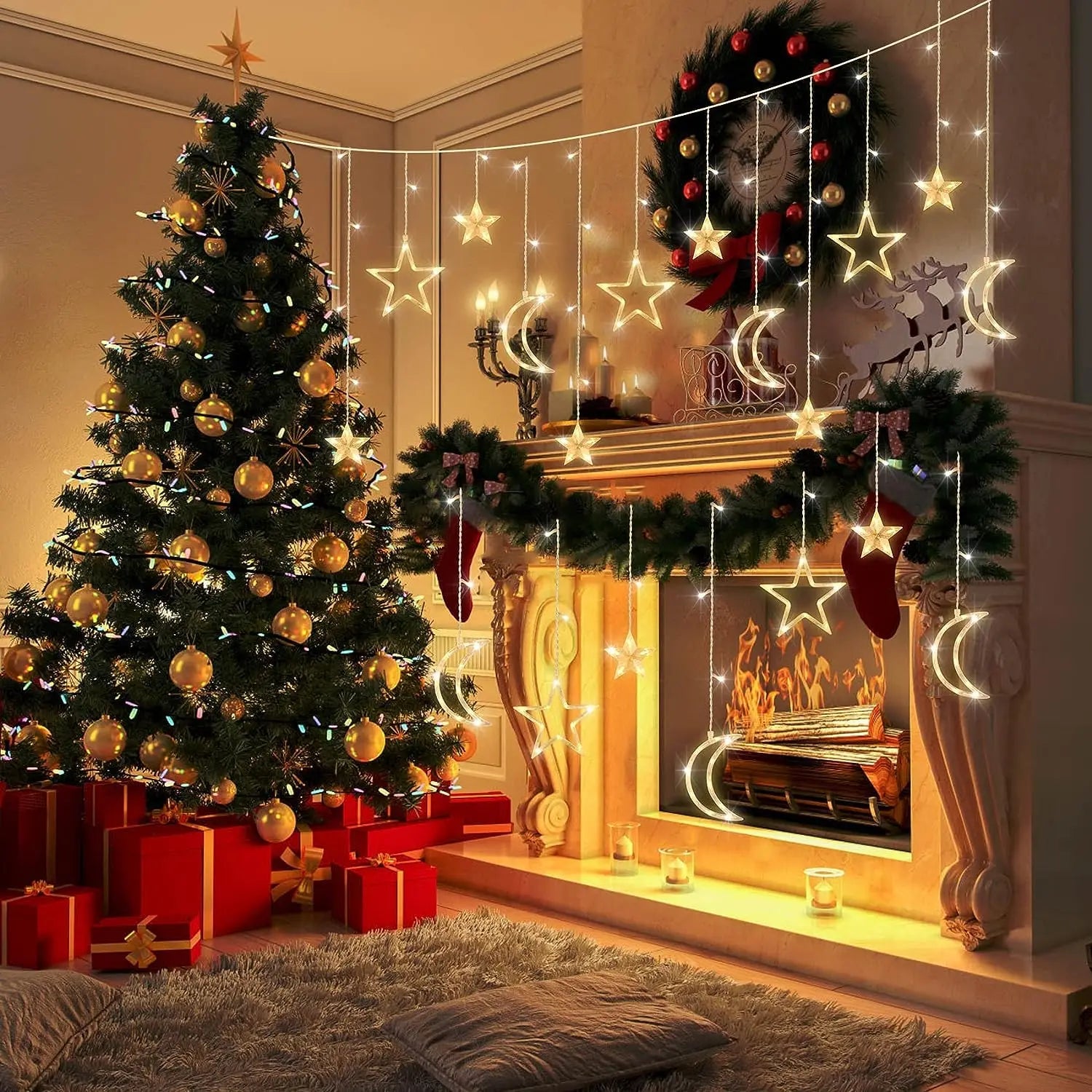 Star Moon String Light Battery Power Christmas Garland Fairy Lamp 3.5m LED Curtain Light for Garden Wedding Party Festival Decor - drollido