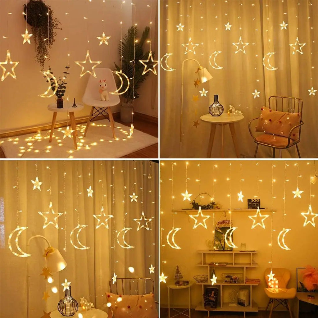 Star Moon String Light Battery Power Christmas Garland Fairy Lamp 3.5m LED Curtain Light for Garden Wedding Party Festival Decor - drollido